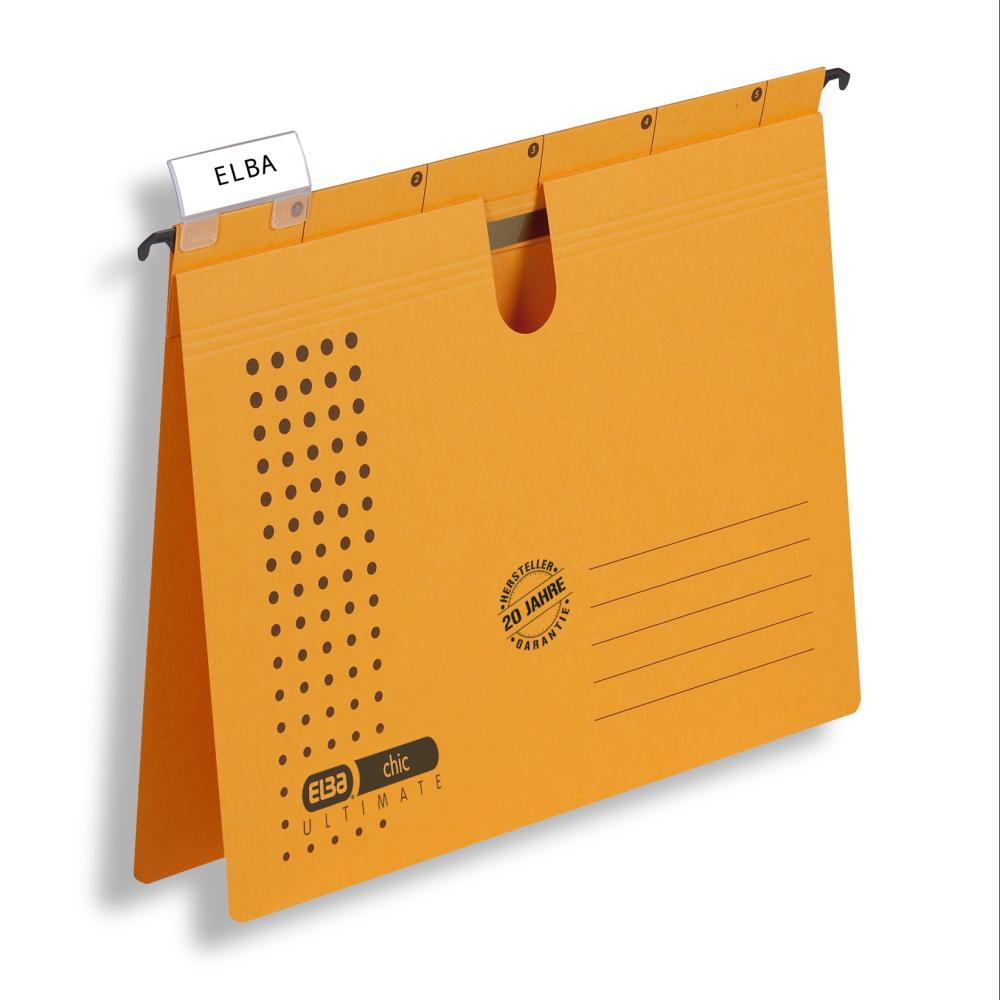 Dosar Suspendat Cu Sina Elba Ultimate A4, Carton 240g/mp, Blue Angel, Capacitate 200 File, Orificiu Deget Pentru Manevrare, Porteticheta, Culoare Galben