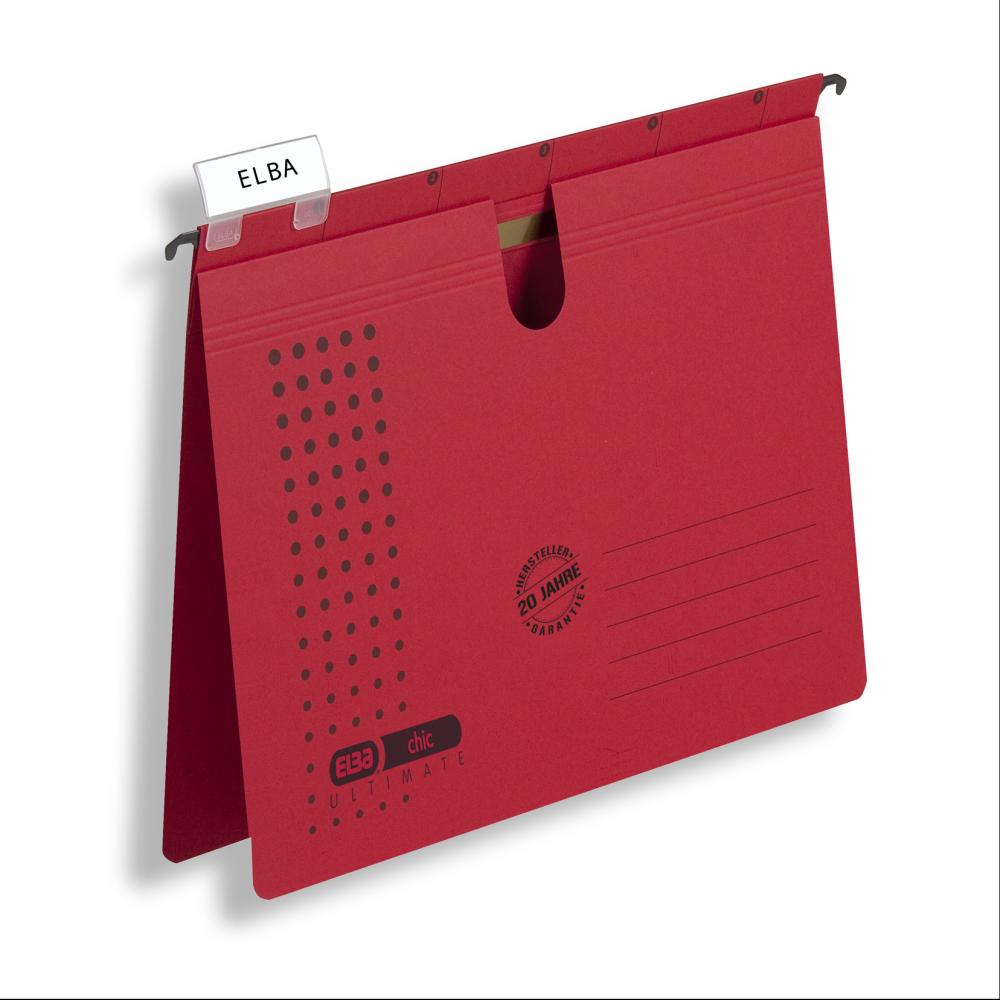Dosar Suspendat Cu Sina Elba Ultimate A4, Carton 240g/mp, Blue Angel, Capacitate 200 File, Orificiu Deget Pentru Manevrare, Porteticheta, Culoare Rosu