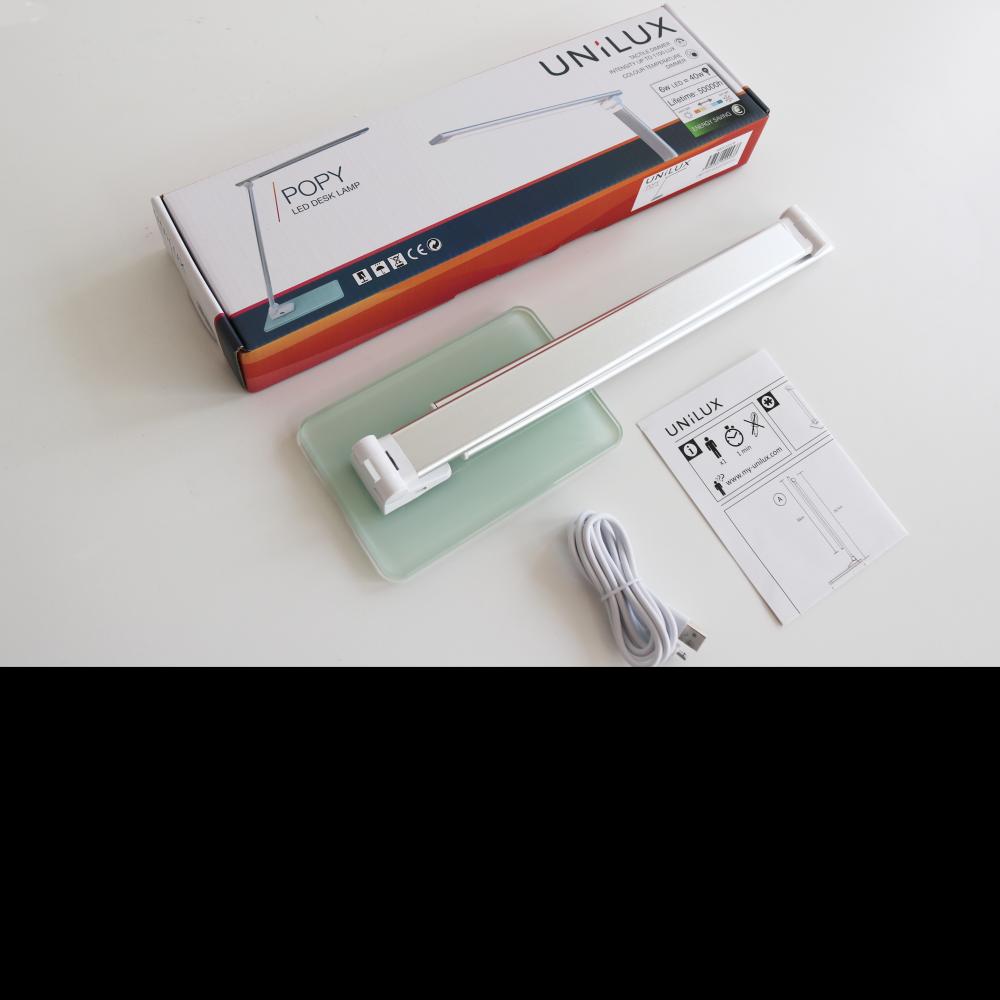 Lampa Unilux Led Popy, Design Contemporan, Mod Lampa De Noapte, Cablu Usb, Portabila, Baza Stabila Sticla 0.8cm, Aluminiu/sticla, Culoare Alb