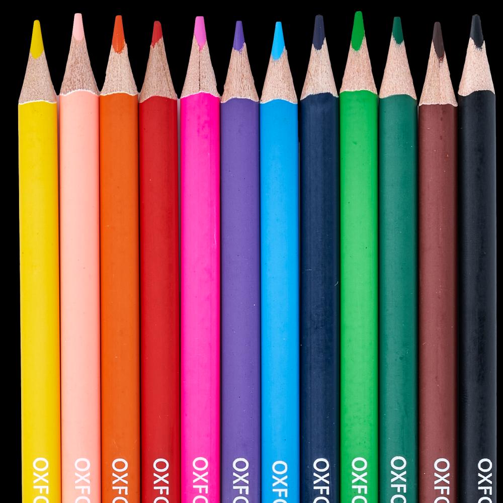 Creioane Colorate Oxford, Varf 3mm, Triunghiulare, Set 12 + Ascutitoare, In Cutie De Carton
