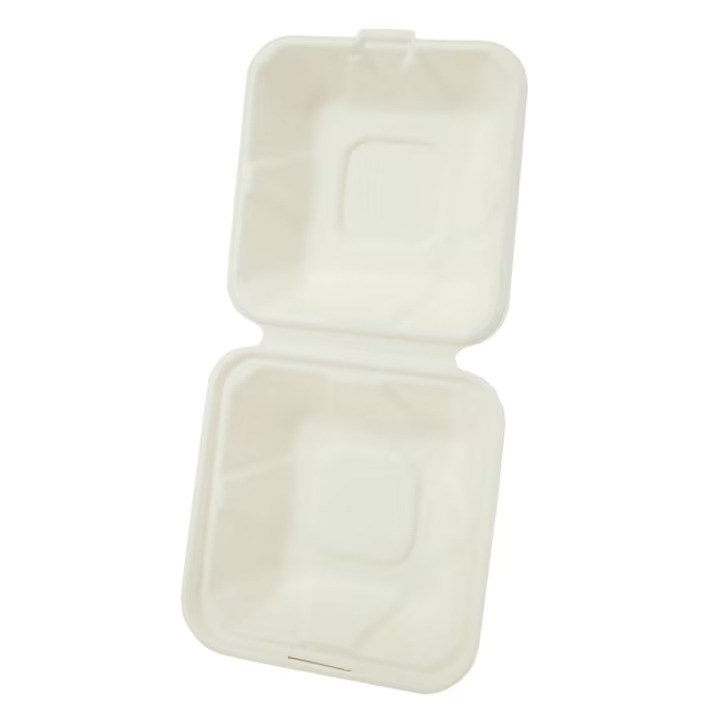 Set 50 Caserole Biodegradabile cu Capac pentru Hamburger din Fibra Lemnoasa, Dimensiune 125x125x74 mm