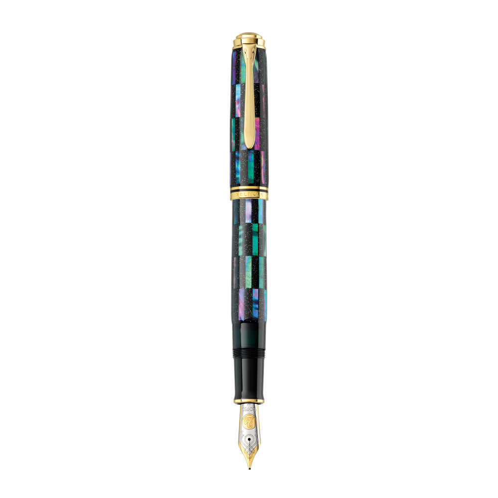 Stilou Souveran M1000 M Editie Limitata Raden Black Infinity, Penita Aur 18k, Corp Lucrat Manual Innobilat Cu Particule De Scoica Abalone, Cutie Cadou Din Lemn De Paulownia