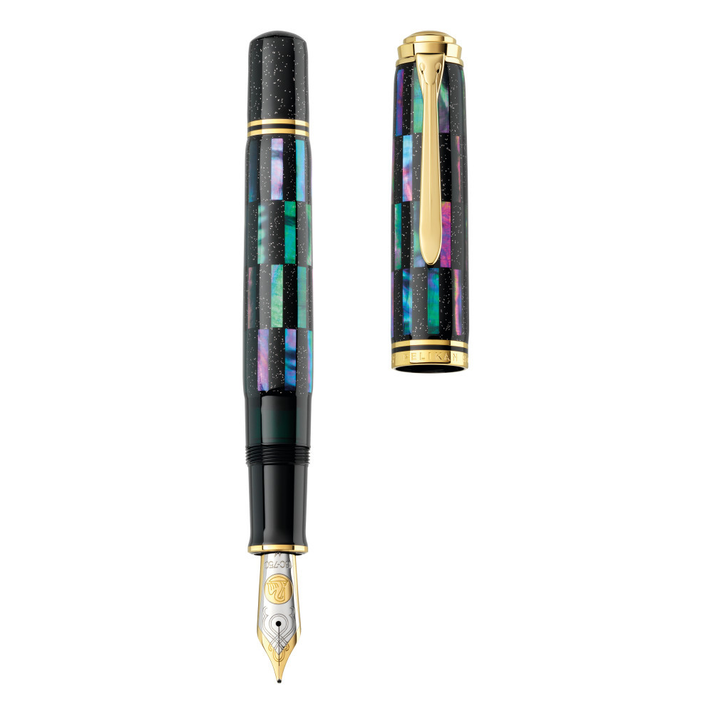 Stilou Souveran M1000 M Editie Limitata Raden Black Infinity, Penita Aur 18k, Corp Lucrat Manual Innobilat Cu Particule De Scoica Abalone, Cutie Cadou Din Lemn De Paulownia