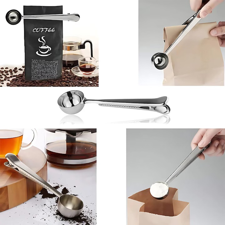 Lingura Dozatoare Cafea Cu Clips Sigilare Din Otel Inoxidabil, Dimensiune 16 Cm