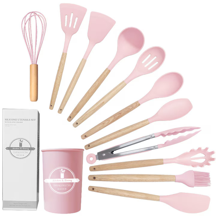 Set 12 Ustensile Din Silicon Termorezistent Si Maner Din Bambus, Culoare Roz