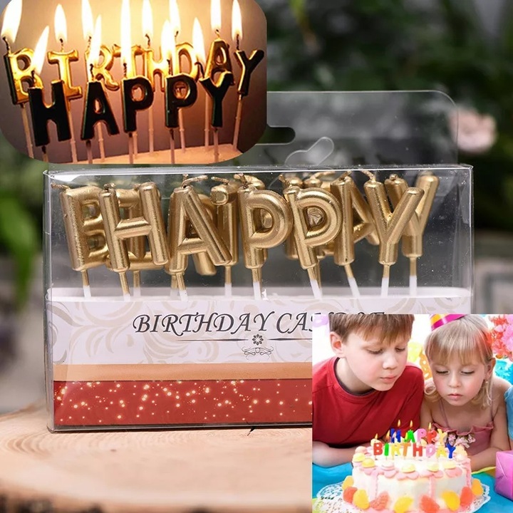 Set 13 Lumanari Pentru Tort Happy Birthday, Culoare Auriu