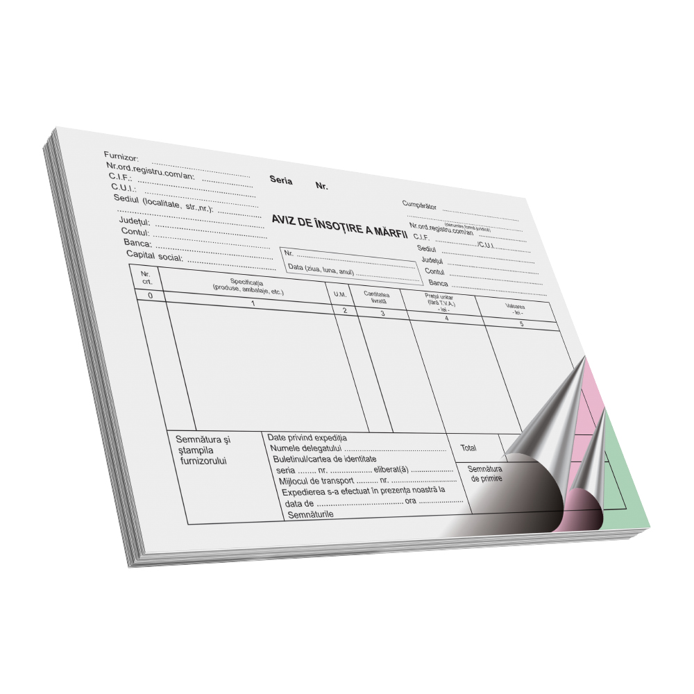 Aviz A5 Autocopiativ, 3 Exemplare, Tipar Fata, 50 Set/Carnet, Tipar 1+0, Coperta Fata Tiparita, Coperta din Carton