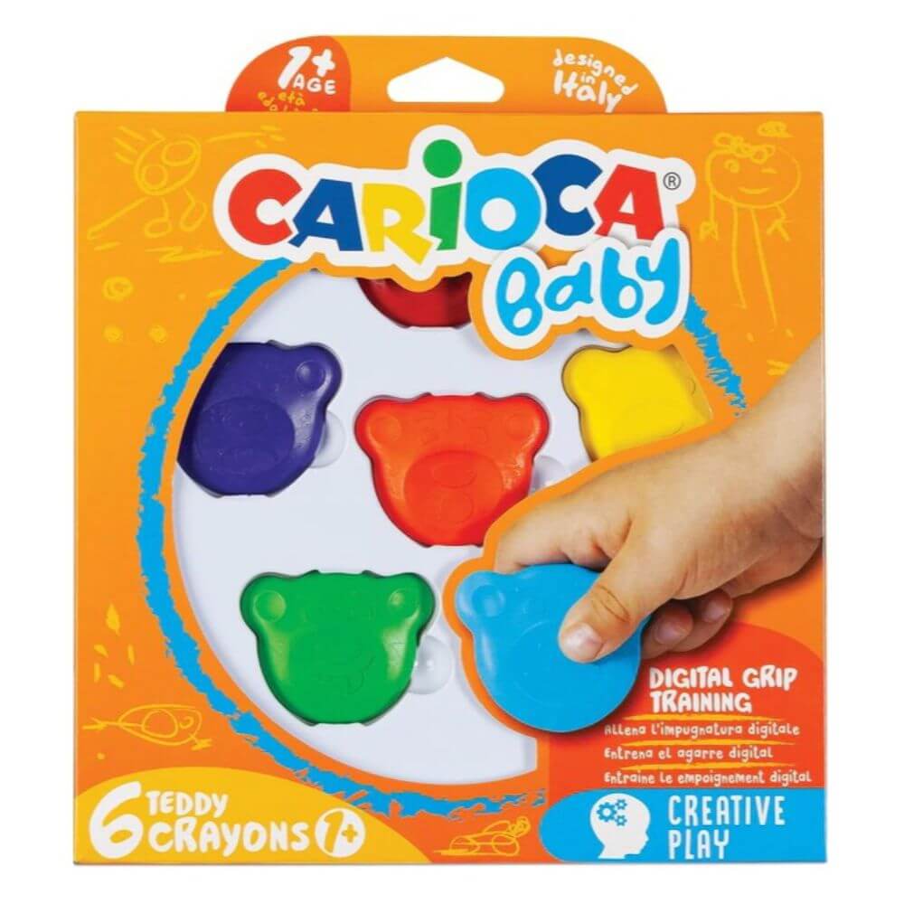Set 6 Creioane Cerate Teddy CARIOCA, Model Ursulet si Grip pentru Manipulare Usoara, 6 Culori Diferite, Creioane Cerate Copii, Creioane Cerate Bebelusi, Creion Cerat, Creioane Cerate Colorate, Creioane Cerate Non Toxice, Creioane Cerate Ursuleti