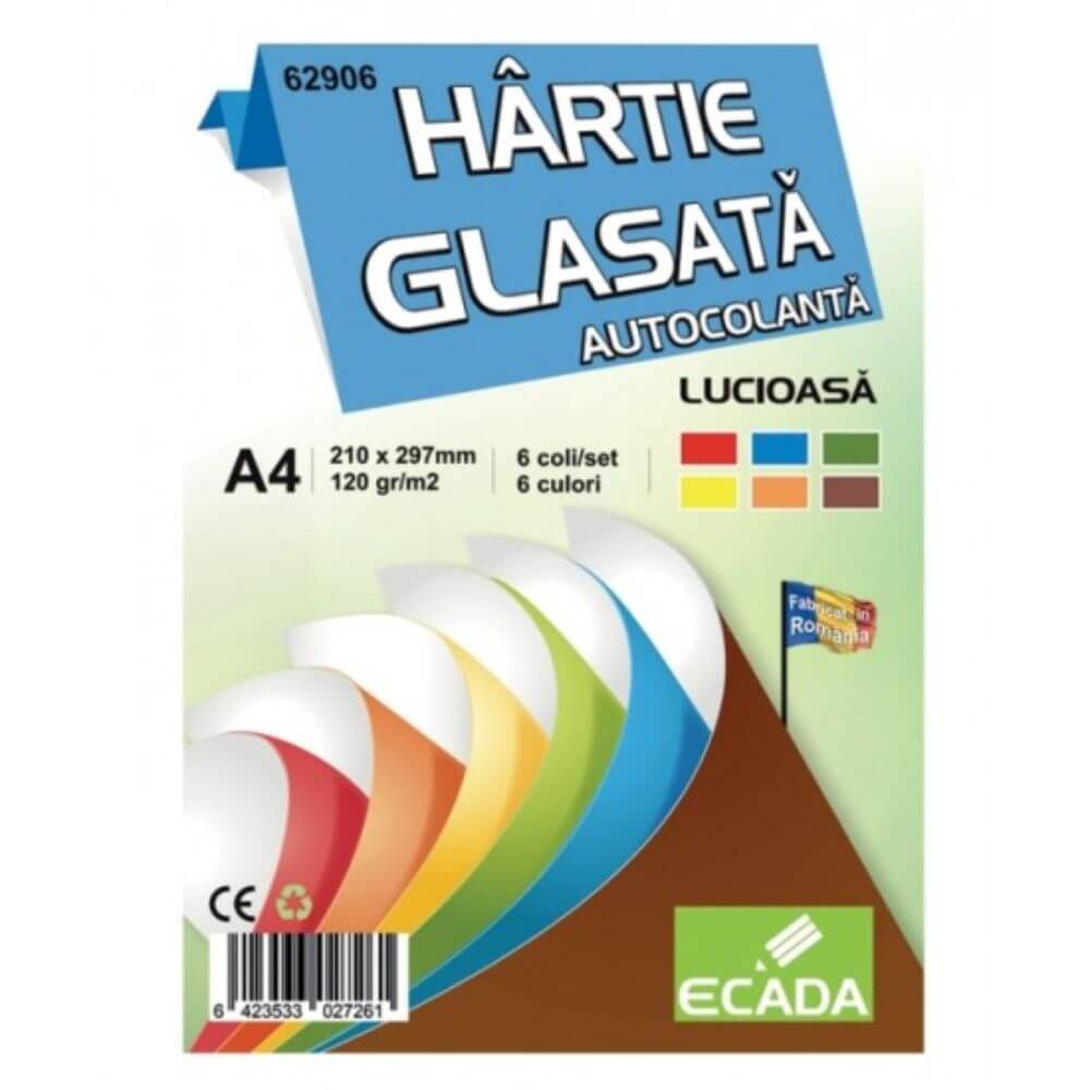 Hartie Glasata Autocolanta Lucioasa A4 Ecada, 6 Coli/Top, 120 g/mÂ², 6 Culori, Hartie Glasata Autocolanta, Hartie Glasata, Hartie Autocolanta, Hartie Glasata Lucioasa, Hartie Glasata Colorata, Hartie Autocolanta Colorata, Rechizite Scolare