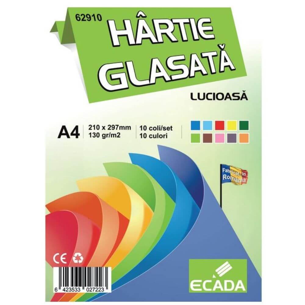 Hartie Glasata Lucioasa A4 Ecada, 10 Coli/Top, 130 g/mÂ², 10 Culori, Hartie Glasata, Hartie Glasata Lucioasa, Hartie Glasata Colorata, Hartie Glasata Culori Asortate, Hartie Glace, Hartie Glasata A4, Rechizite Scolare