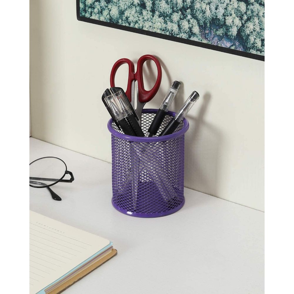 Suport Birou Cilindric ECADA, 9x10 cm, Plasa Metalica, Mov, Suport pentru Pixuri, Suport pentru Pensule, Suport pentru Creioane, Suport pentru Markere, Suport Pixuri Birou, Organizator Pixuri, Suport Instrumente de Scris Birou