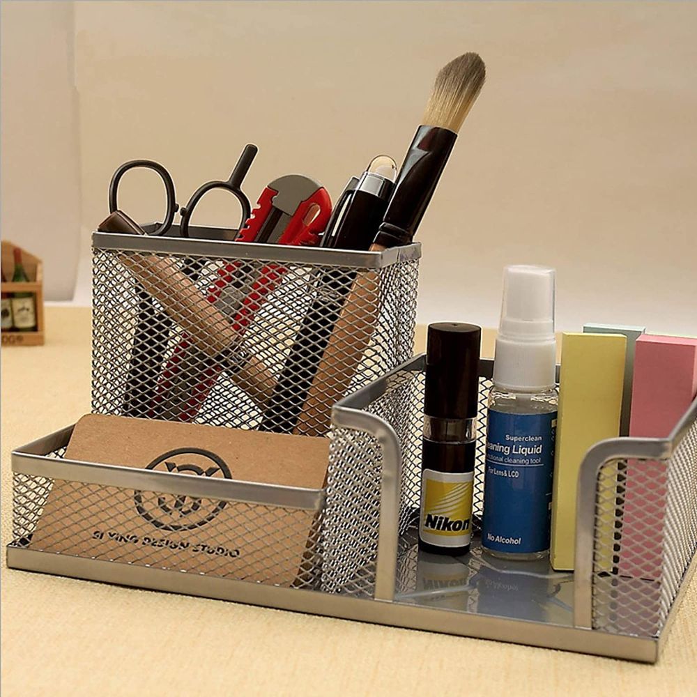 Suport Birou ECADA, 3 Compartimente, Plasa Metalica, Argintiu, Suport pentru Accesorii din Plasa Metalica, Accesorii Birou, Suport Accesorii de Scris, Organizator Metalic, Suport Instrumente de Scris Birou