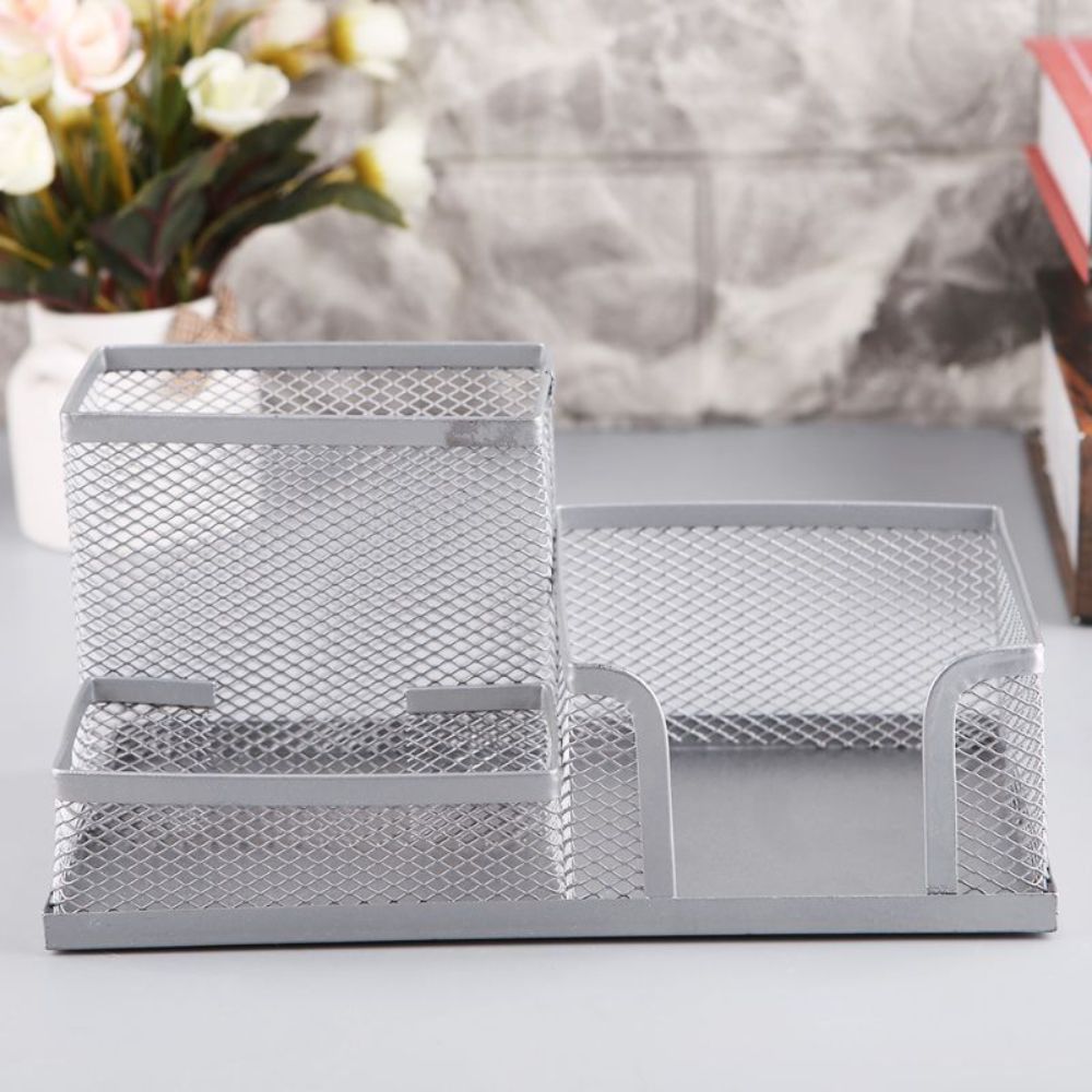 Suport Birou ECADA, 3 Compartimente, Plasa Metalica, Argintiu, Suport pentru Accesorii din Plasa Metalica, Accesorii Birou, Suport Accesorii de Scris, Organizator Metalic, Suport Instrumente de Scris Birou