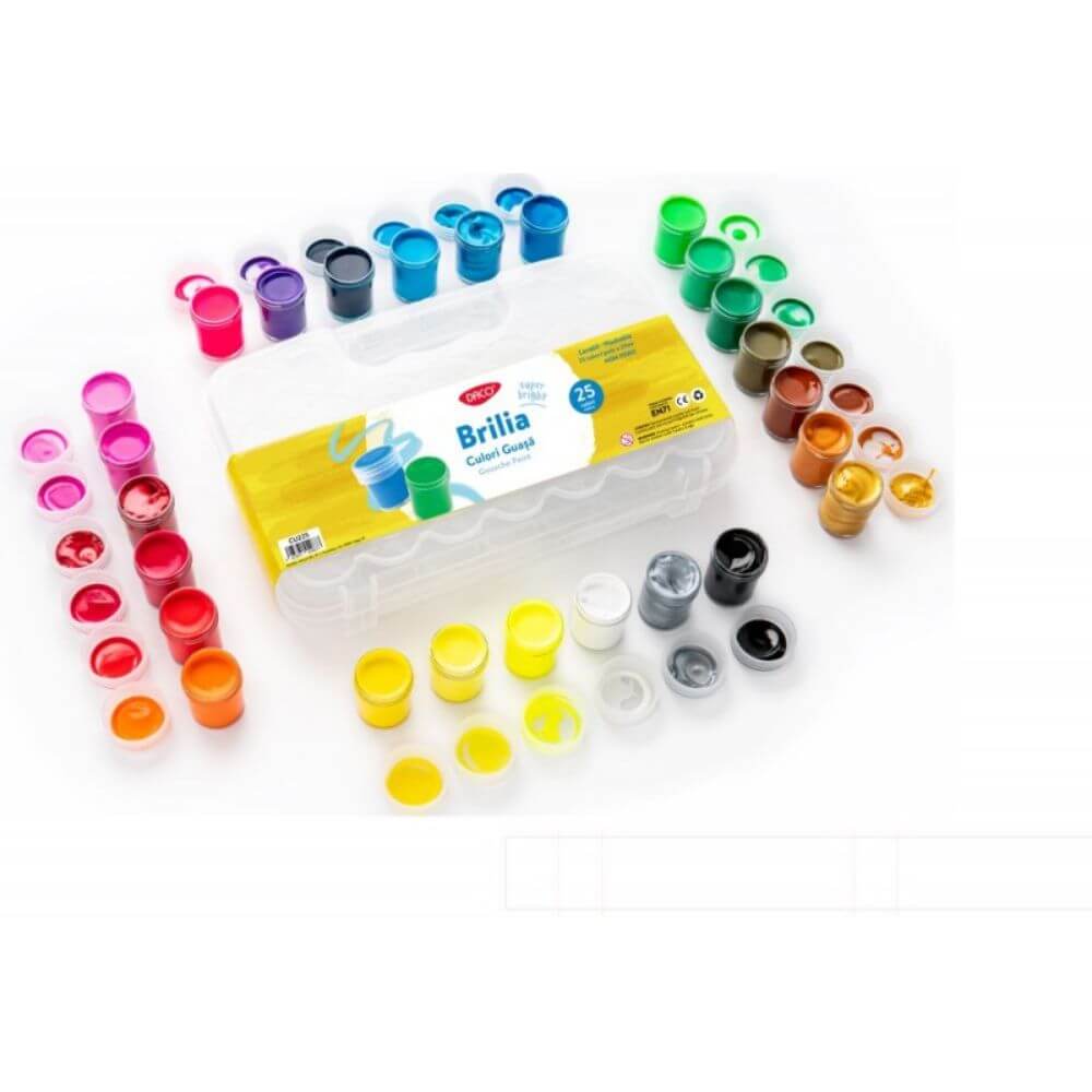 Culori Guasa DACO, 25 Culori/Set, 20 ml/Tub, Model Brilia, Culori Guase, Vopsea Guasa, Vopsele Guase, Guasa Set, Culori pentru Pictat Lavabile, Culori Pictura, Culori pentru Desen