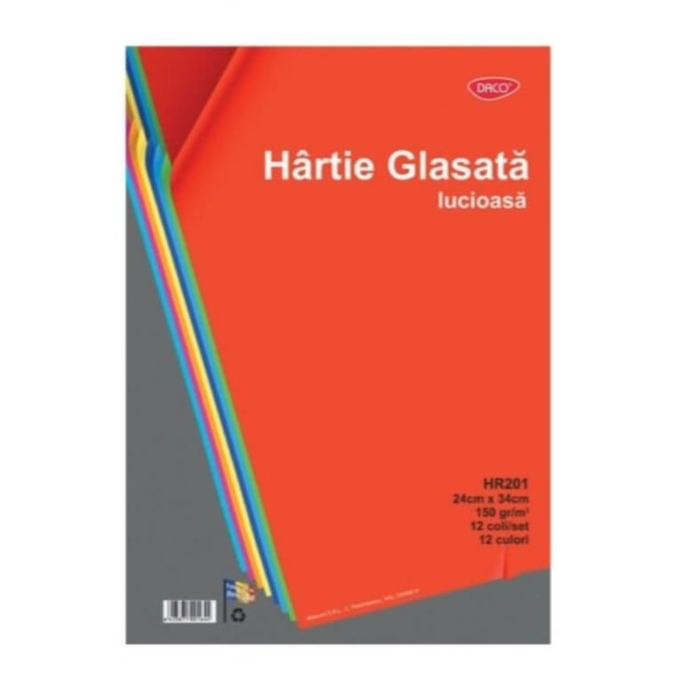 Hartie Glasata Lucioasa DACO, 24x34 cm, 12 Coli/Top, 150 g/mÂ², 12 Culori, Hartie Glasata, Hartie Glasata Lucioasa, Hartie Glasata Colorata, Hartie Glasata Culori Asortate, Hartie Glace, Hartie Glase, Rechizite Scolare