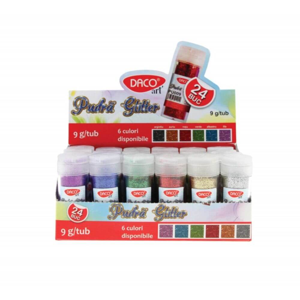 Set 24 Glitter Pudra DACO, 9 g/Buc, 6 Culori Diferite, Glitter, Glitter DACO, Pudra Glitter, Pudra Monosararita, Pudra Glitter Monosararita, Sclipiciuri, Sclipici Pulbere Colorate, Pulbere Colorat Glitter, Sclipici Colorat Pentru Craft, Glitter