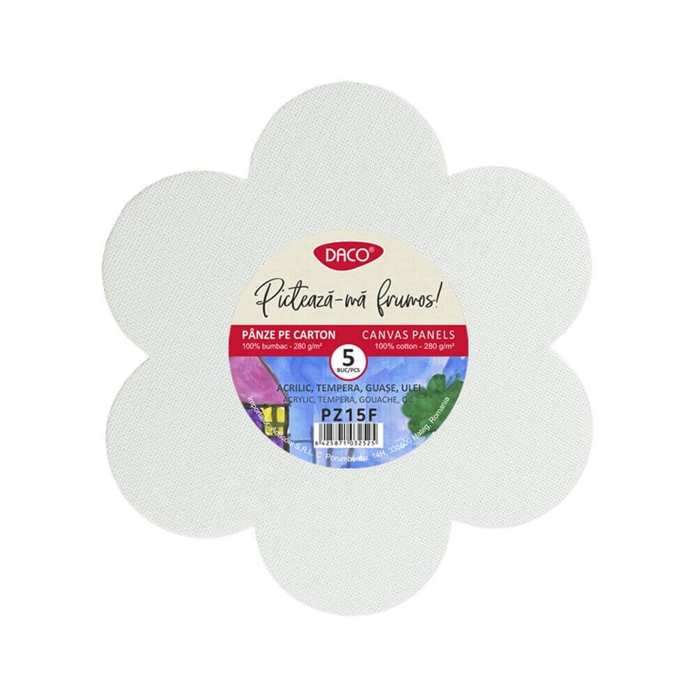 Panza Pictura pe Carton DACO, Model Floare, 5 Buc/Set, 280 g/mÂ², Panza pentru Pictura, Panza pe Carton Bumbac, Carton cu Panza, Carton cu Panza Bumbac, Panza pe Carton, Materiale pentru Pictura, Panza Daco