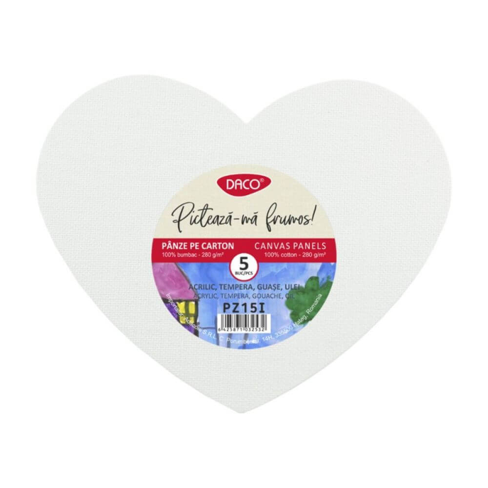 Panza Pictura pe Carton DACO, Model Inima, 5 Buc/Set, 280 g/mÂ², Panza pentru Pictura, Panza pe Carton Bumbac, Carton cu Panza, Carton cu Panza Bumbac, Panza pe Carton, Materiale pentru Pictura, Panza Daco
