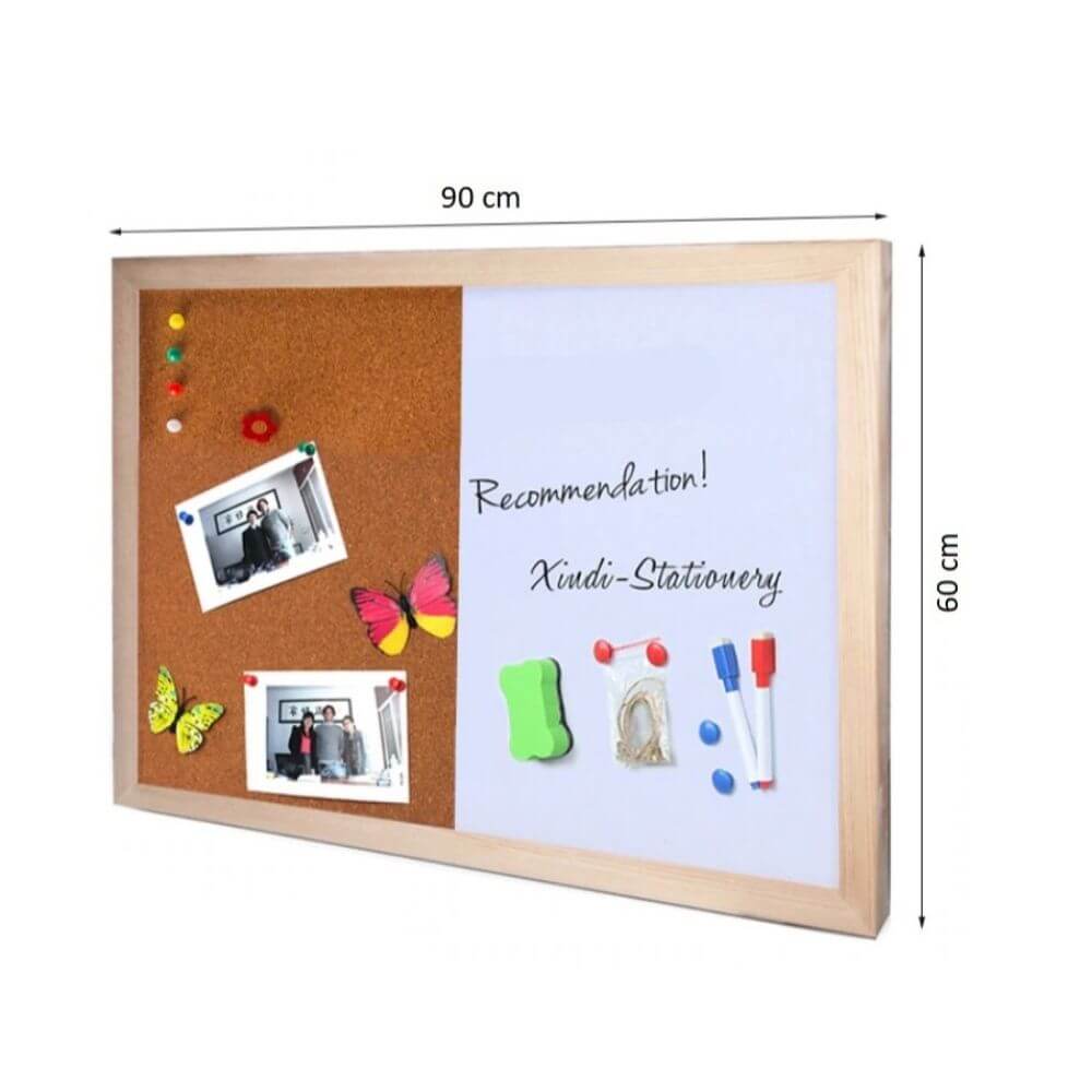 Tabla Whiteboard Magnetica si Panou Pluta DACO, 60x90 cm, Jumatate Suprafata Metalica Lacuita si Jumatate Pluta Naturala, Rama din Lemn, Tabla de Scris Profesionala, Table Whiteboard, Tabla Scolara, Panouri de Pluta