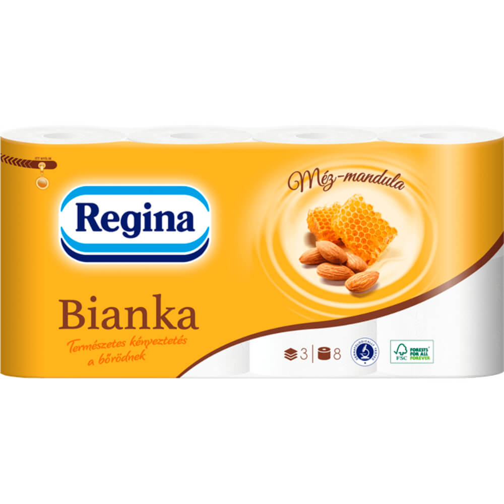 Hartie Igienica, Regina Bianka, 8 Role/Bax, 3 Straturi, Parfum de Miere si Migdale, Hartie Igienica Regina 3 Straturi, Bax de Hartie Igienica Regina, Regina Bianka Hartie Igienica, Role de Hartie Igienica Regina
