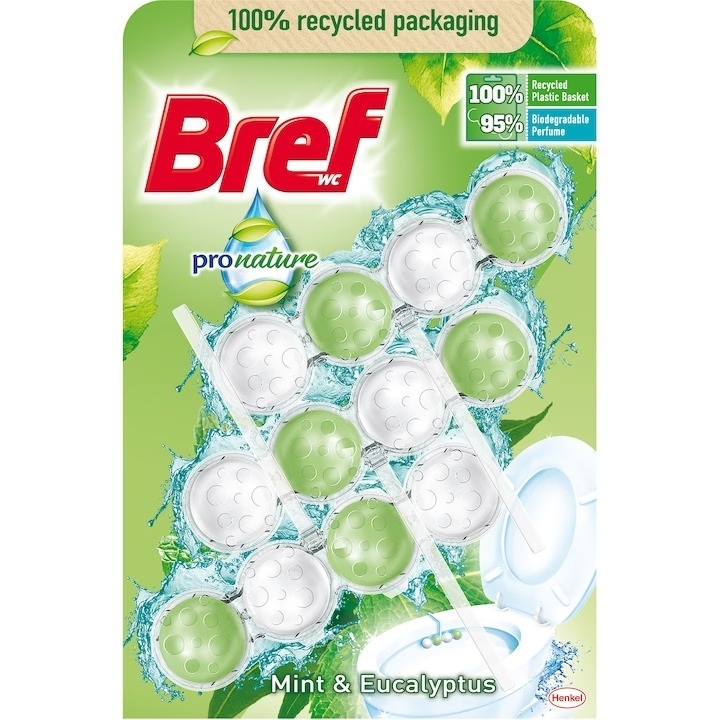 Odorizant Toaleta Bref Premium Power Active Eucalyptus, 3 Buc/set, 50 Gr/buc, Sistem De Prindere