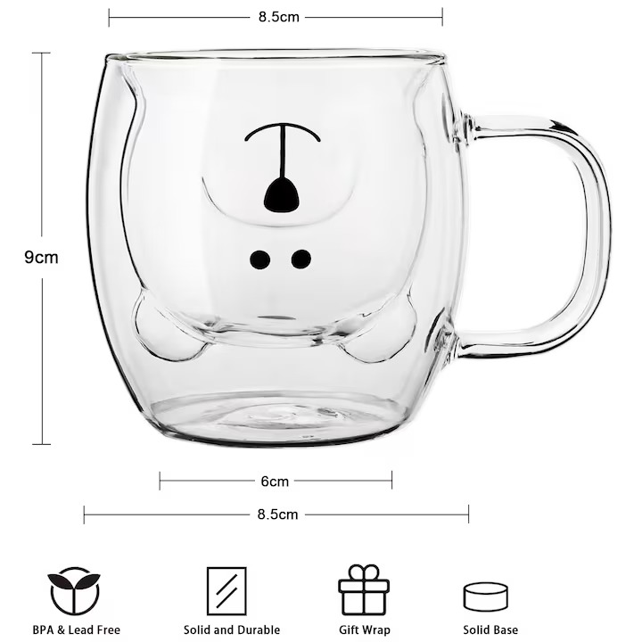 Cana Termorezistenta Cu Perete Dublu Din Sticla, Model Ursulet, Capacitate 250 Ml, Transparent