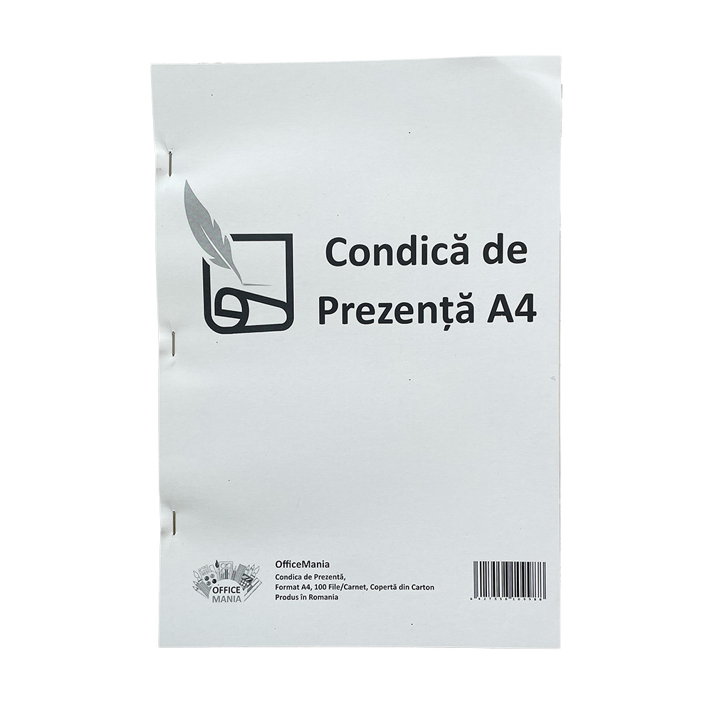 Condica de Prezenta A4, Tipar Negru Fata/Verso, 100 File/Carnet, Coperta Fata Tiparita, Coperta din Carton Fata/Spate