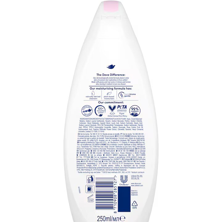 Gel De Dus Dove Parfum De Bujor, Cantitate 250 Ml, Extrac De Bujor Si Parfum De Trandafir
