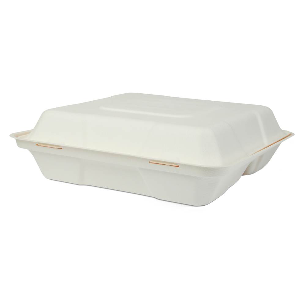 Set 200 Caserole Biodegradabile cu Capac pentru Meniu din Fibra Lemnoasa, Dimensiune 245x245x75 mm, 3 Compartimente