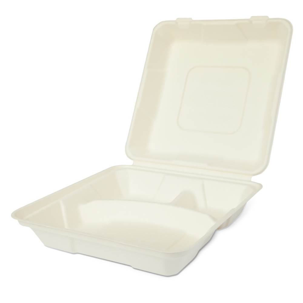 Set 250 Caserole Biodegradabile cu Capac pentru Meniu din Fibra Lemnoasa, Dimensiune 215x215x60 mm, 3 Compartimente