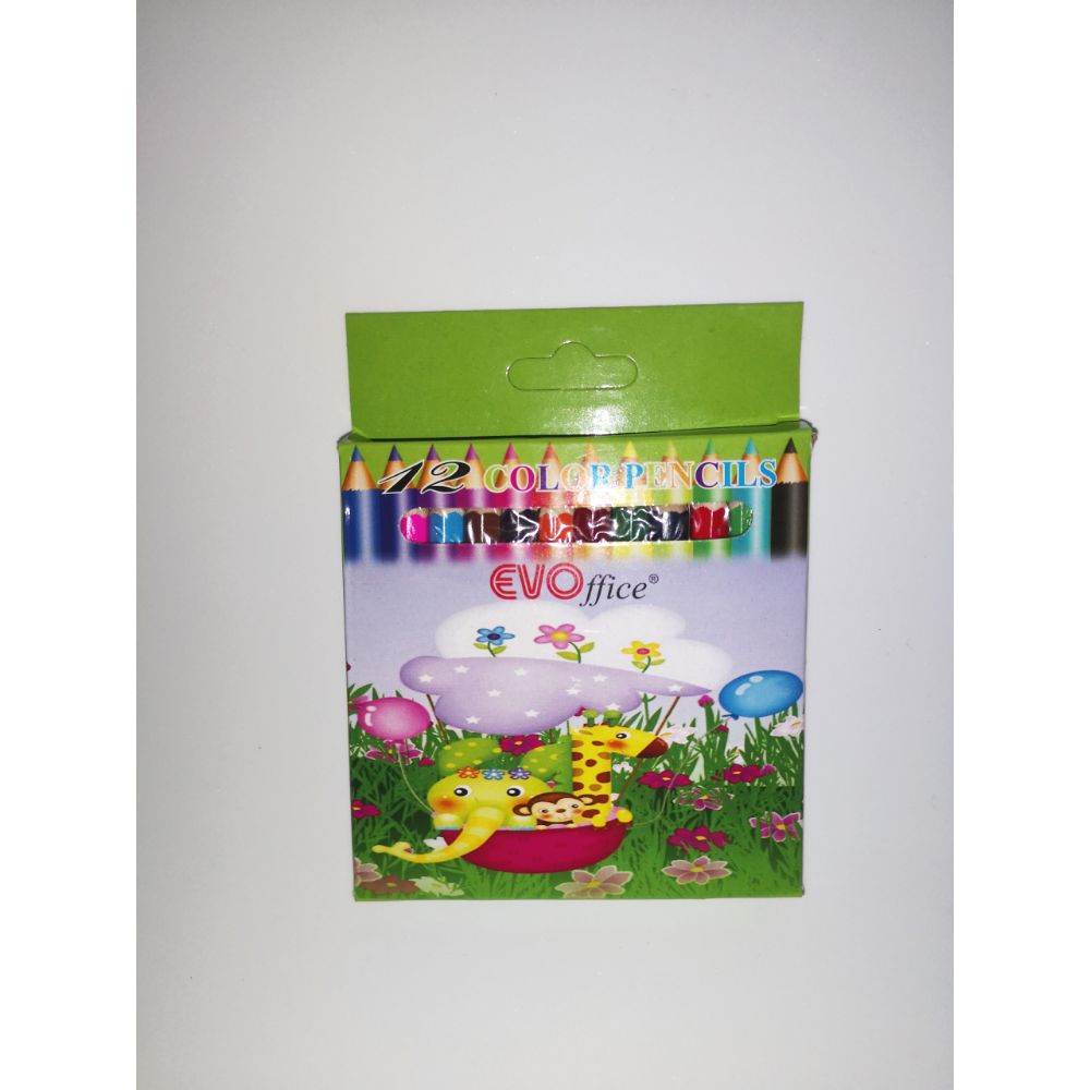 Creioane Colorate Mici EVOffice 12 Culori/Set, Dimensiuni 9x0.7 mm, Confectionate din Lemn, Forma Hexagonala