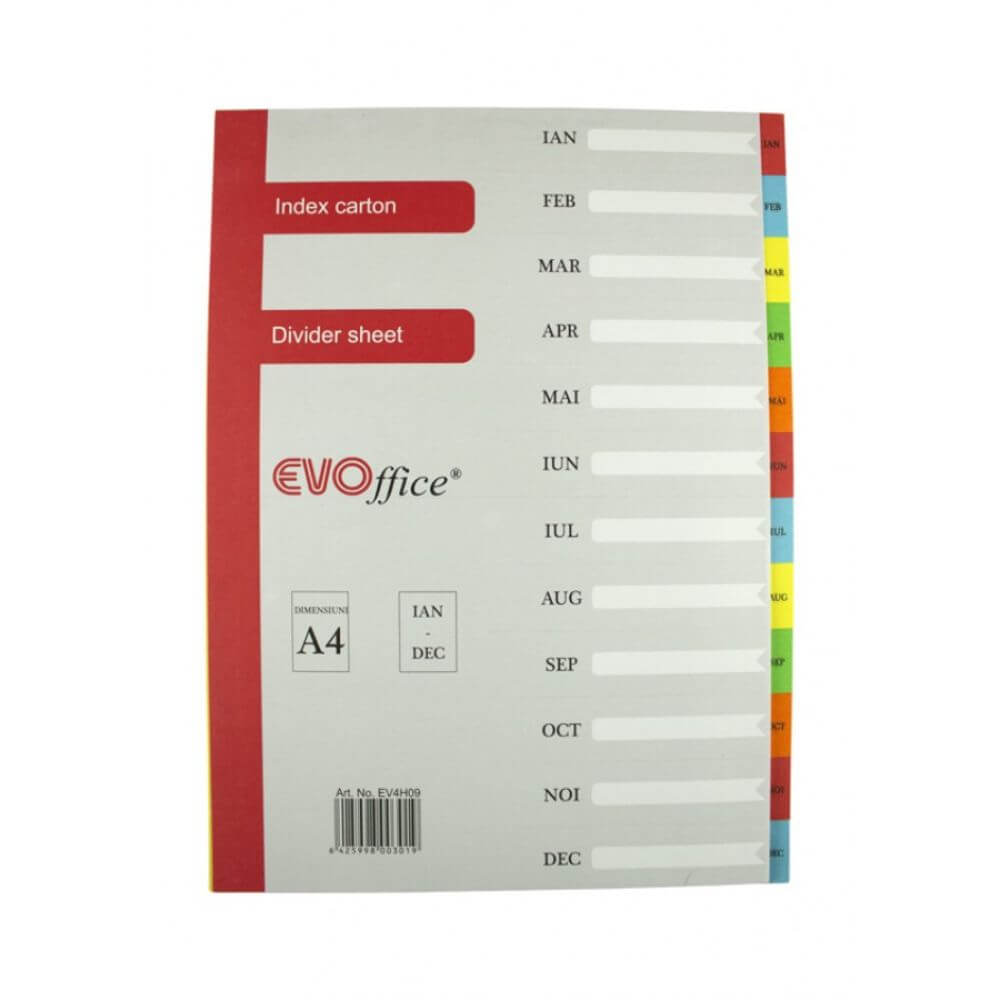 Index din Carton EVOffice Calendaristic, Format A4, Notat Ianuarie-Decembrie, Despartitoare din Carton, Indecsi Bibliorafturi - Separatoare din Carton