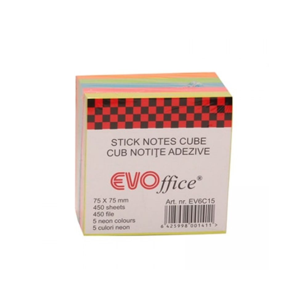 Notite Autoadezive EVOffice Cub Color, Dimensiune 75x75 mm, 450 File, 5 Culori Neon