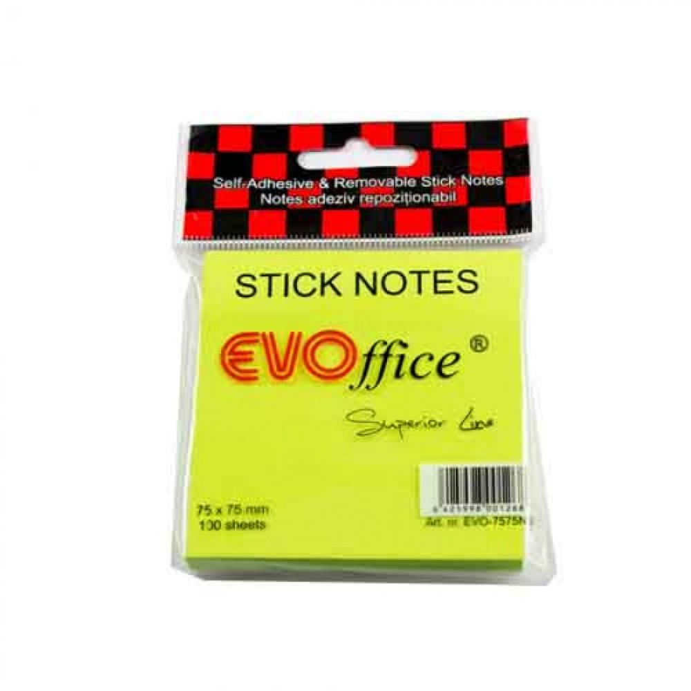 Notite Adezive EVOffice, Dimensiunea 75x75 mm, Culoare Galben Neon, 100 File, Ideale pentru Mesaje si Memento-uri