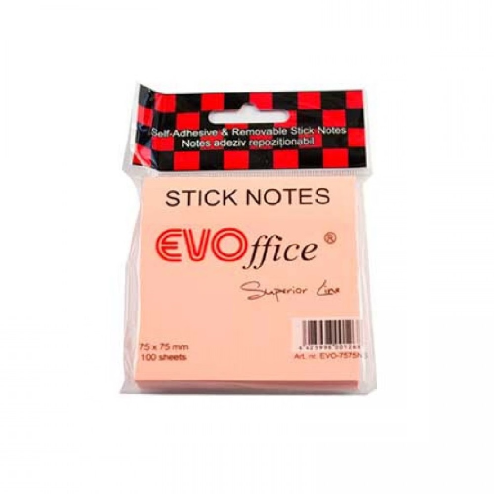 Notite Adezive EVOffice, Dimensiunea 75x75 mm, Culoare Roz Pastel, 100 File, Ideale pentru Mesaje si Memento-uri
