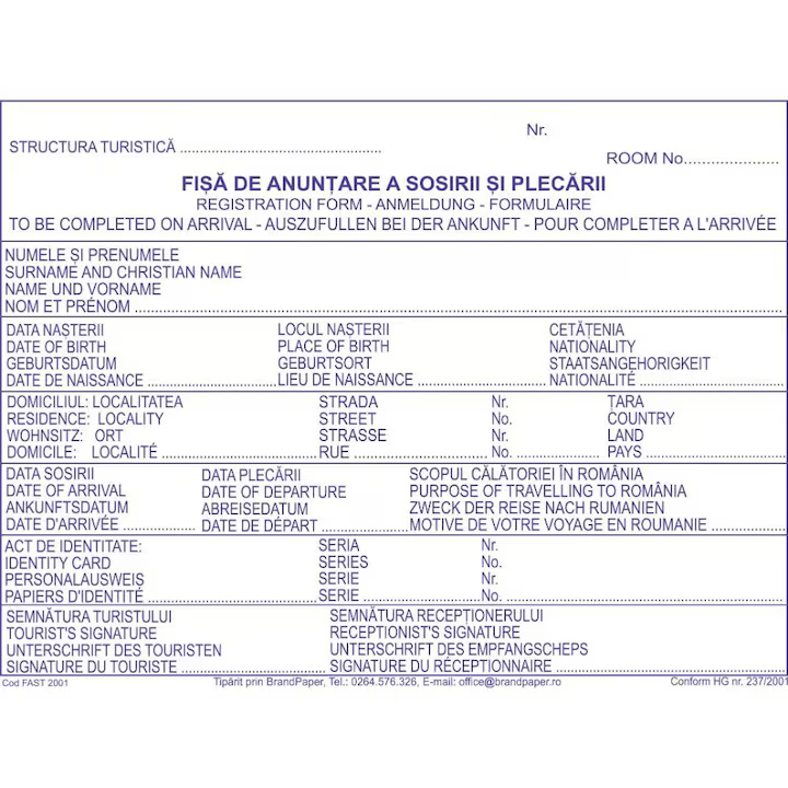 Fisa Cazare Anuntare Sosiri si Plecari Format A5, 2 Exemplare, Tipar 1+0, Coperta Fata Tiparita, Coperta din Carton + Prelungire Cartonata,  Hartie Alba (Ex. 1), Color (Ex. 2)