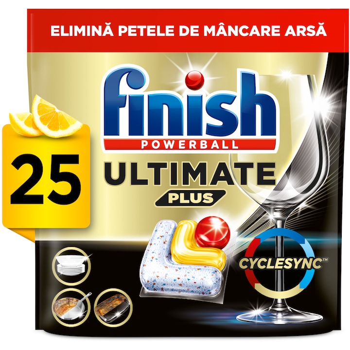 Finish Ultimate Plus, Lemon, 25 Spalari, Detergent Capsule Pentru Masina De Spalat Vase
