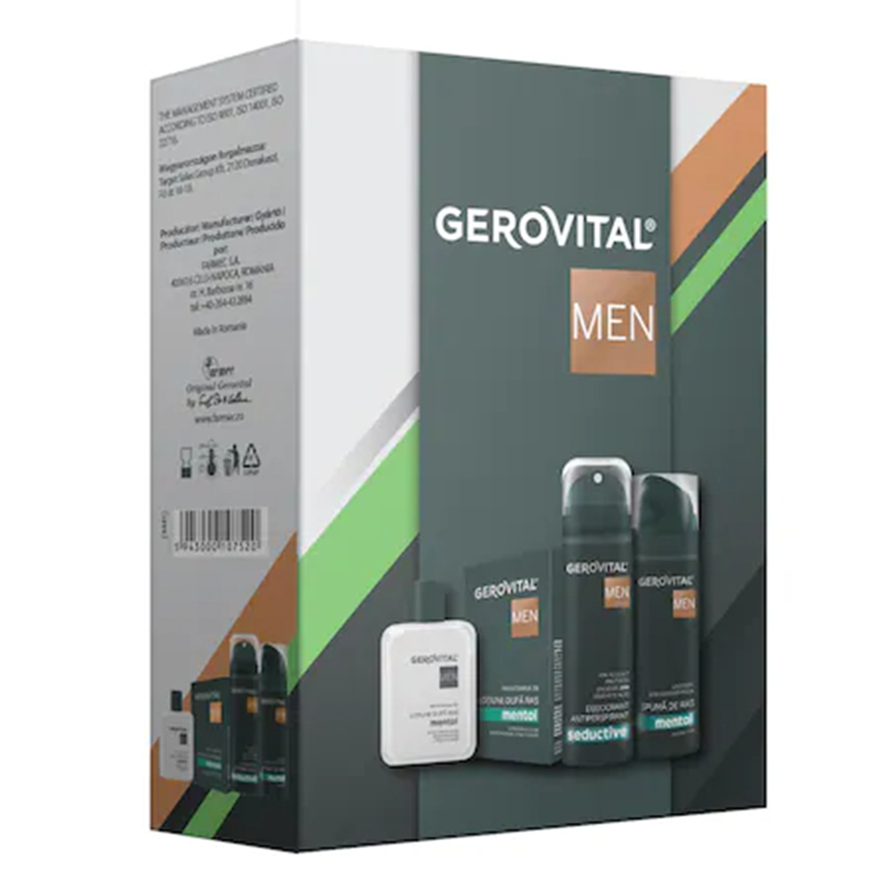 Set Cadou Gerovital Men: Spuma de Ras Mentol, 200 ml + Lotiune dupa Ras Mentol, 100 ml + Deodorant Antiperspirant, 150 ml