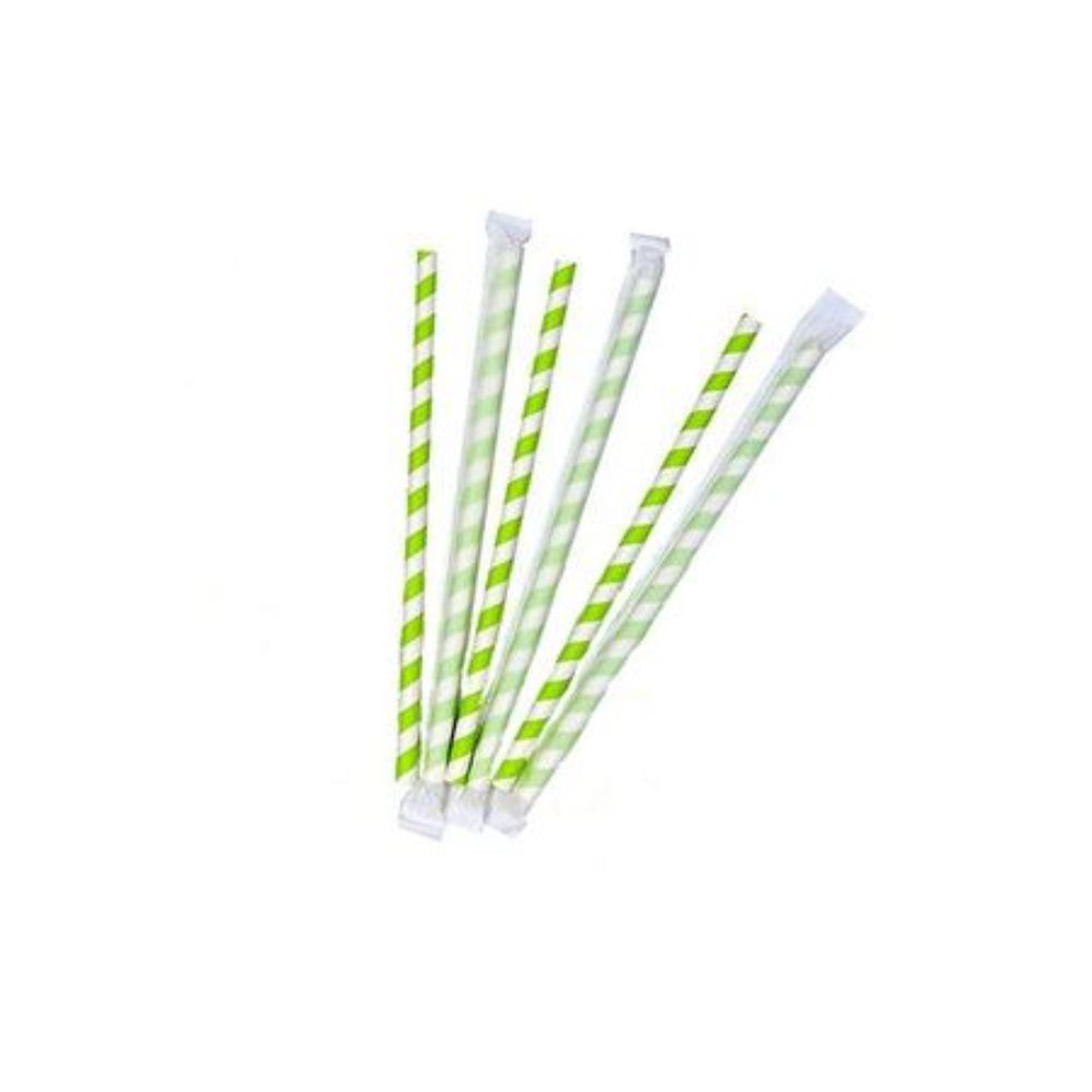 Paie Biodegradabile din Hartie, 500 Buc/Set, Grosime 8 mm, Ambalate Individual, Culoare Alb/Verde, Paie Bauturi, Paie Ecologice, Paie de Baut Biodegadabile