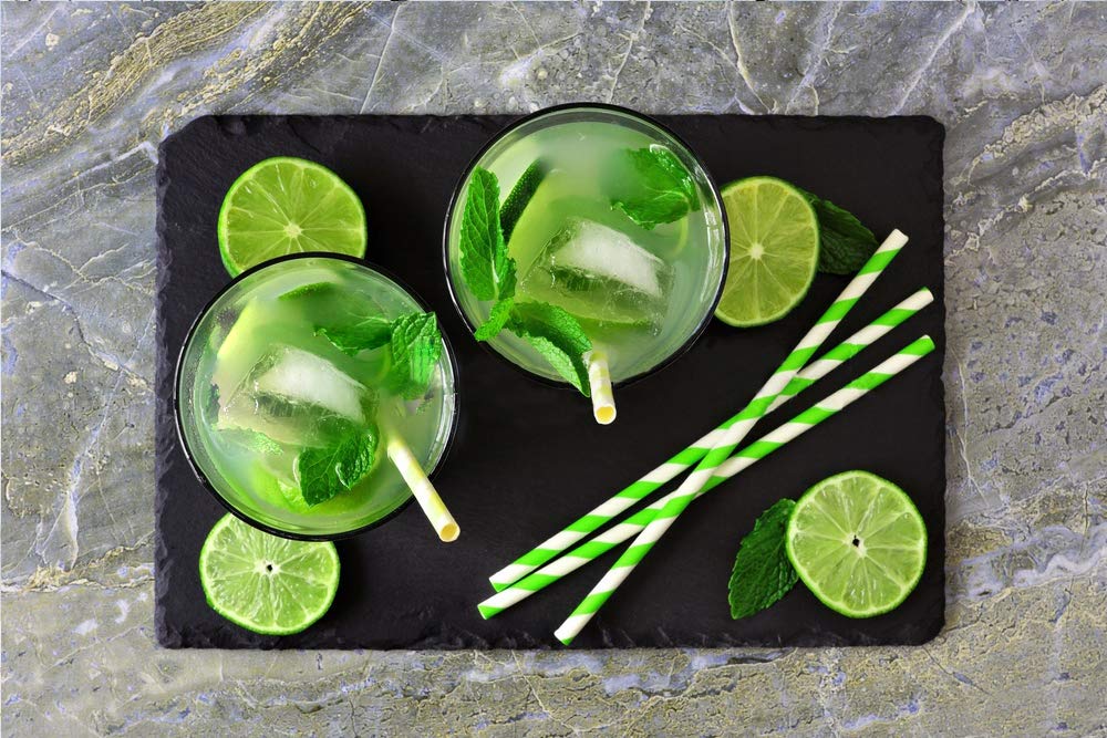 Paie Biodegradabile din Hartie, 500 Buc/Set, Grosime 8 mm, Ambalate Individual, Culoare Alb/Verde, Paie Bauturi, Paie Ecologice, Paie de Baut Biodegadabile