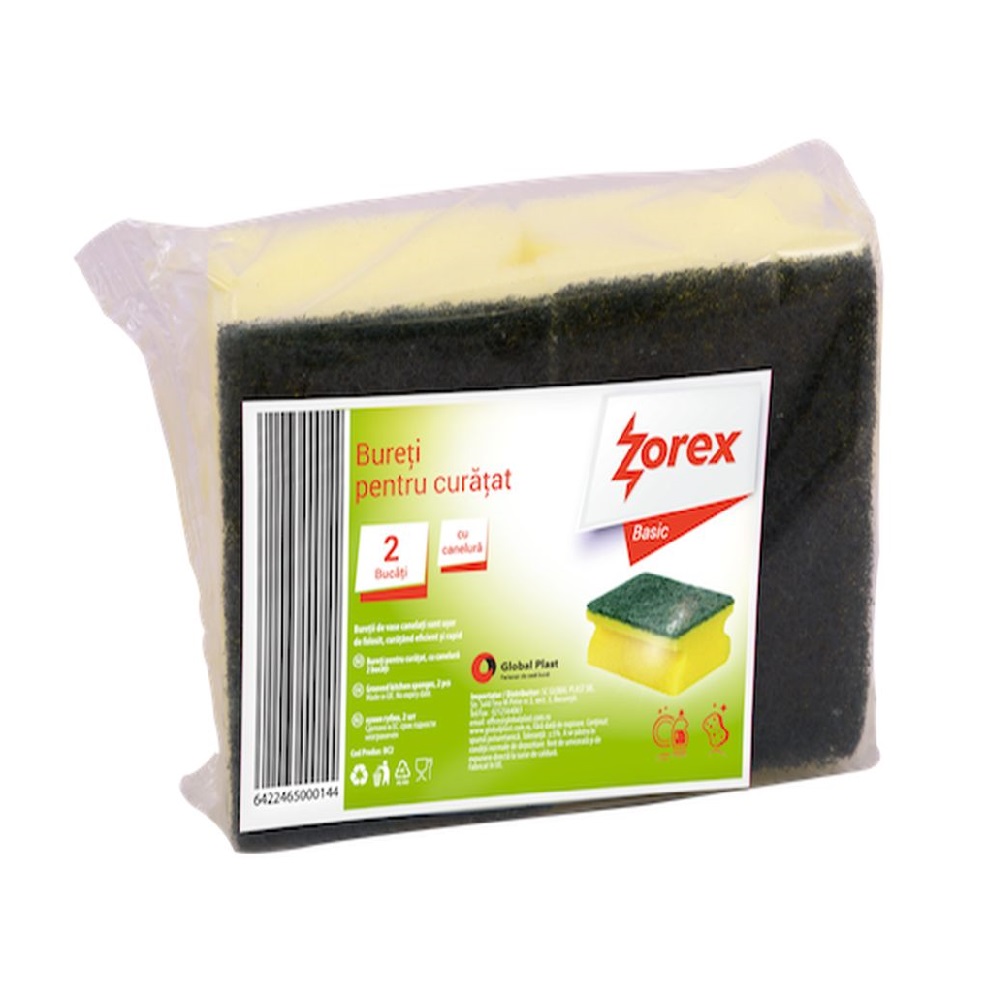 Set 2 Bureti de Vase cu Canelura, 90x70x40 mm, Spuma Poliuretanica si Fibra Abraziva, Culoare Galbena, Burete Vase Zorex Basic, Bureti Curatare, Burete pentru Menaj, Bureti pentru Casa