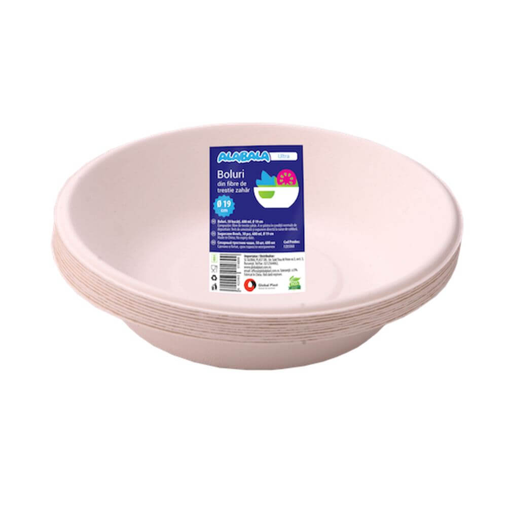 Bol Alb din Trestie de Zahar, 680ml, 50 Buc/Set, Boluri din Trestie de Zahar, Boluri de Unica Folosinta, Boluri Ecologice pentru Supa, Boluri pentru Catering, Boluri Biodegradabile pentru Salata