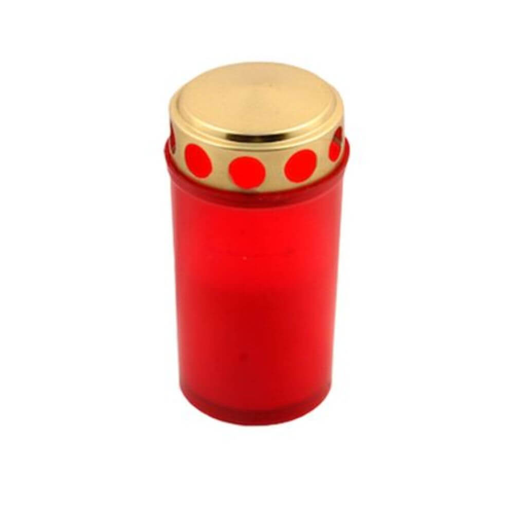 Candela Parafina cu Capac, Timp Ardere 36 h, 116x60 mm, Culoare Rosie, Lumanare Candela, Lumanari si Candele Tip 130, Candele din Parafina, Candele pentru Exterior, Candele pentru Sarbatori, Candele cu Capac, Candela cu Capac Metalic
