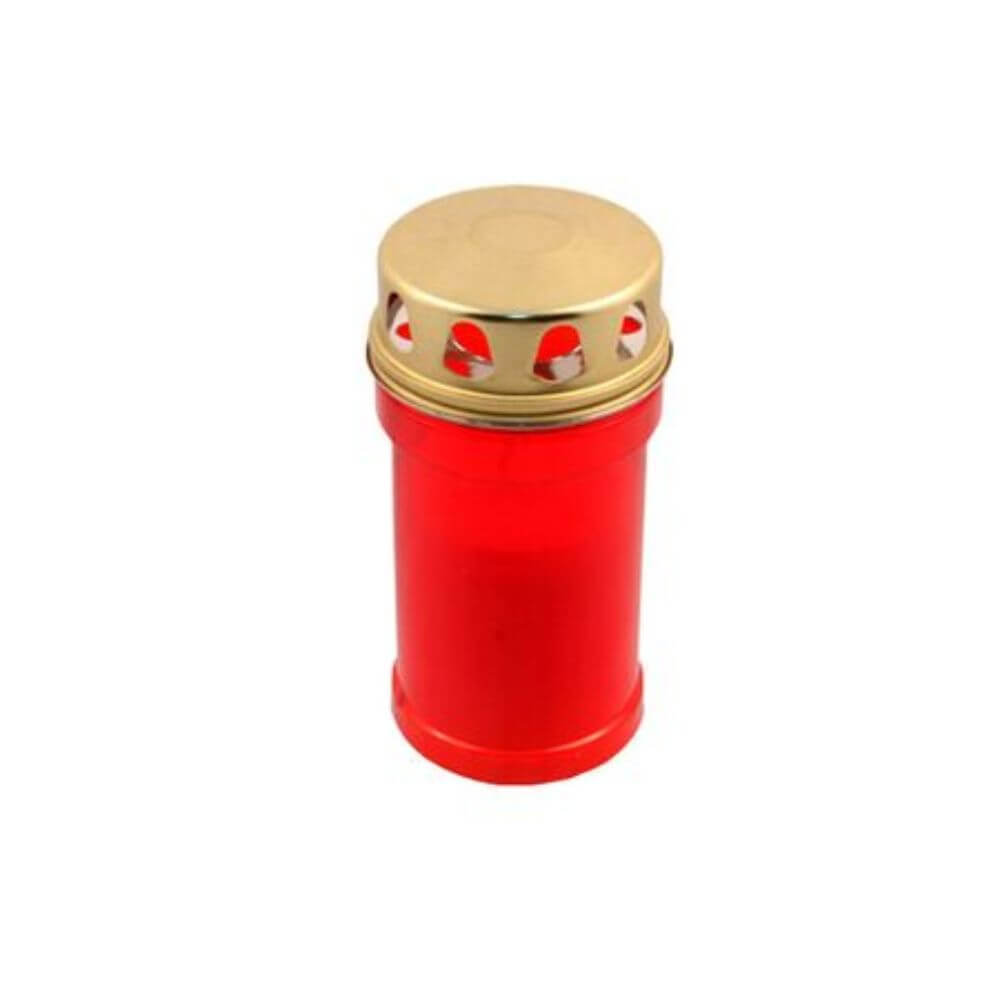Candela Parafina cu Capac, Timp Ardere 60 h, 140x70 mm, Culoare Rosie, Lumanare Candela, Lumanari si Candele Tip 30, Candele din Parafina, Candele pentru Exterior, Candele pentru Sarbatori, Candele cu Capac, Candela cu Capac Metalic