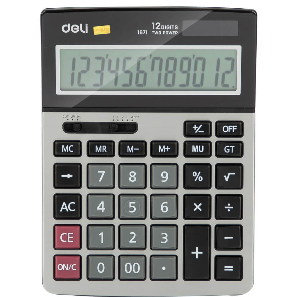 Calculator de Birou Deli Core 12 Digits, Gri, Dual Power, Alimentare Baterie AAA, Suprafata Metalica, Calculator Birou 12 Digits, Calculator Birou cu Memorie, Calculator Birou Deli