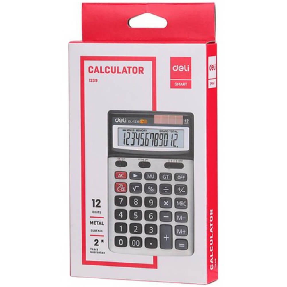 Calculator de Birou Deli Core 12 Digits, Gri, Dual Power, Alimentare Baterie AAA, Suprafata Metalica, Calculator Birou 12 Digits, Calculator Birou cu Memorie, Calculator Birou Deli