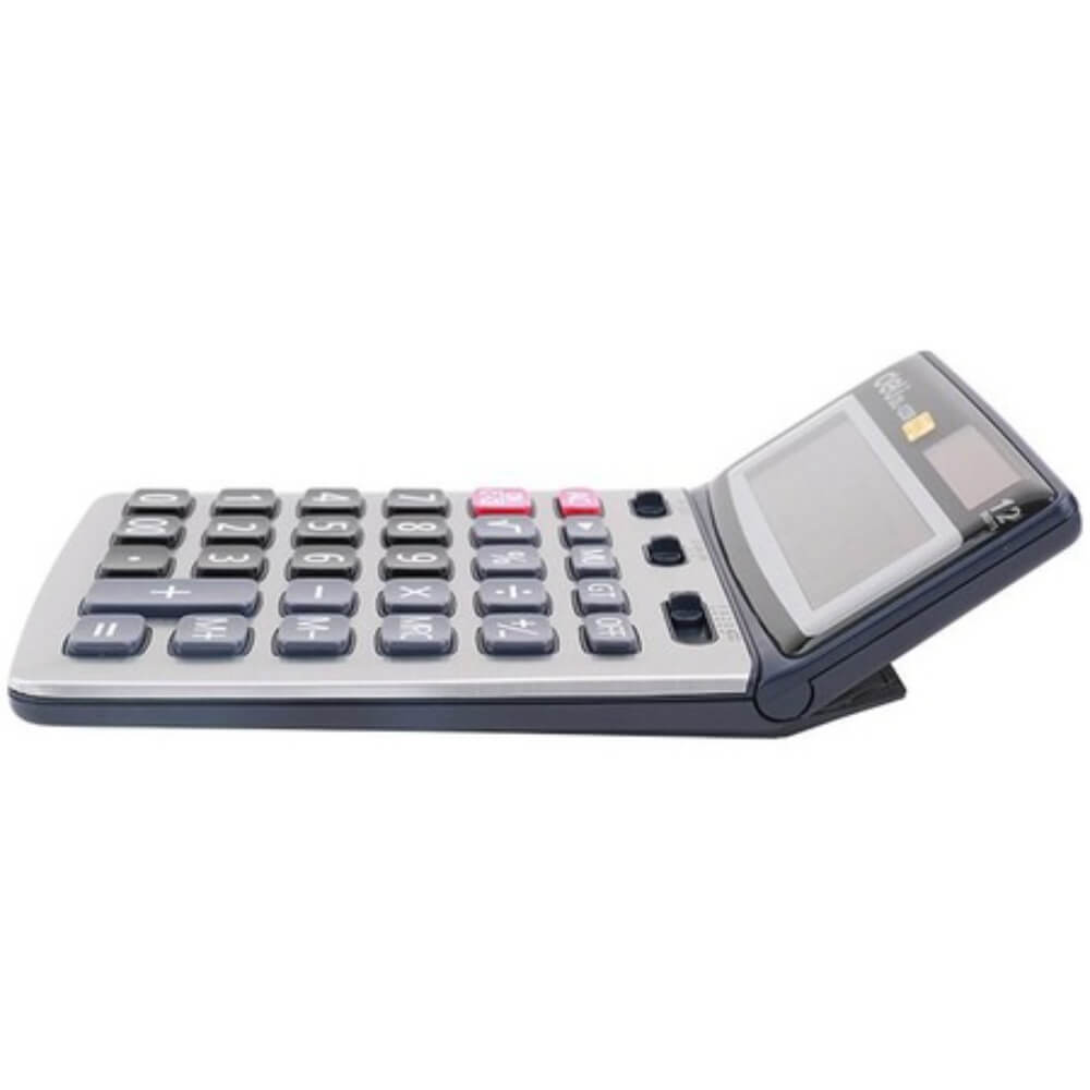 Calculator de Birou Deli Core 12 Digits, Gri, Dual Power, Alimentare Baterie AAA, Suprafata Metalica, Calculator Birou 12 Digits, Calculator Birou cu Memorie, Calculator Birou Deli