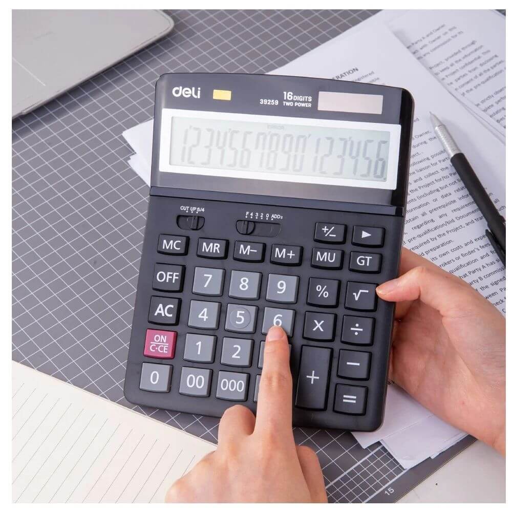 Calculator de Birou Deli Core, 16 Digits, 193x139x34 mm, Alimentare Duala, Corp din Plastic Negru, Calculatoare Birou, Calculator 16 Digits, Calculator 16 DG de Buzunar, Calculator de Birou Deli, Calculatoare Buzunar, Calculator Portabil