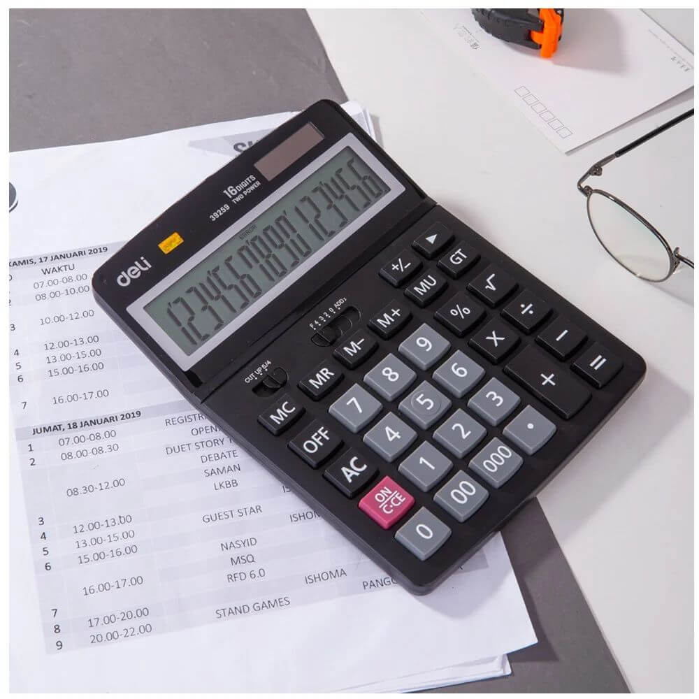 Calculator de Birou Deli Core, 16 Digits, 193x139x34 mm, Alimentare Duala, Corp din Plastic Negru, Calculatoare Birou, Calculator 16 Digits, Calculator 16 DG de Buzunar, Calculator de Birou Deli, Calculatoare Buzunar, Calculator Portabil