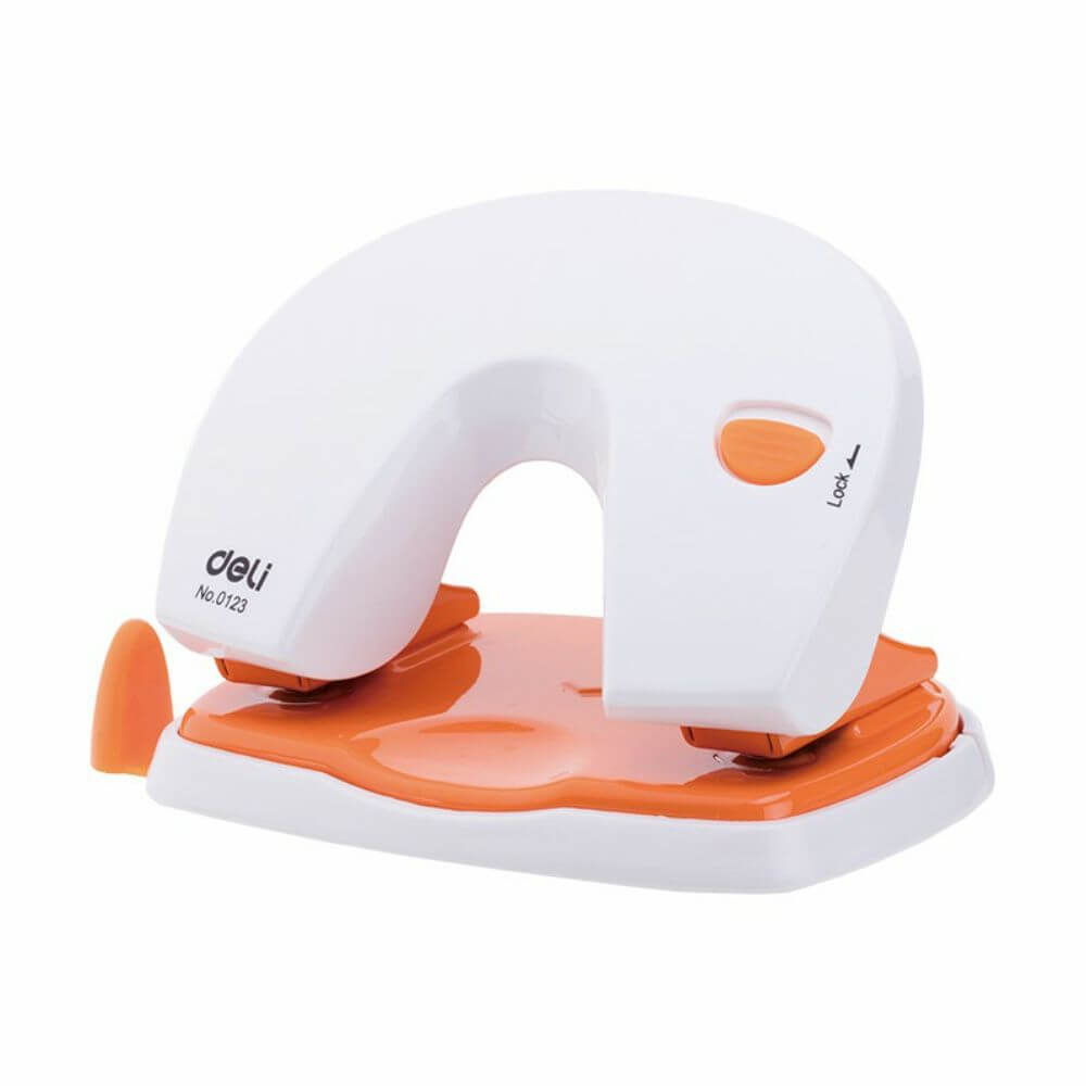 Perforator Birou Deli Vivid, 20 Coli, Alb si Portocaliu, Perforator de Hartie, Perforatoare Manuale pentru Birou, Perforatoare pentru Hartie, Deli Vivid Perforator cu Indicator Gradat, Perforator cu Indicator Gradat pentru Birou Deli Vivid